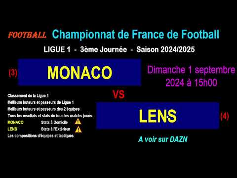 MONACO - LENS : 3ème journée de Ligue 1 - Stats, infos, pronos - Football saison 2024-2025