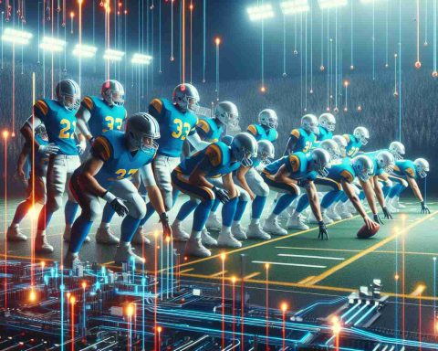 A high-definition, realistic image showcasing the intersection of American football and innovative technology. Specifically, showcase a generic football team, clad in colors similar to those of the 'Tar Heels', intensively learning about new technology that could alter the game as they know it markedly. This scene captures revolution and advancement in sports through the introduction of artificial intelligence tools and techniques.