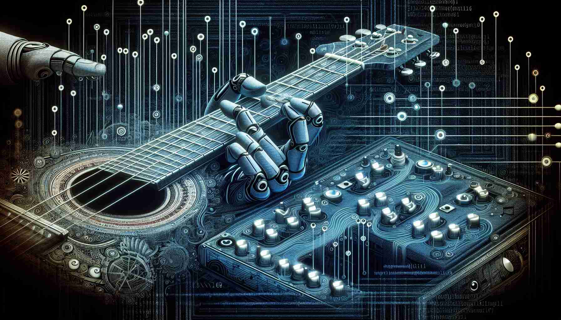 An intricate, high-resolution illustration that depicts the intriguing concept of 'Artificial Intelligence's role in Music'. The image will visualize a futuristic scenario where AI has an integral part in the creation of contemporary songs. Ideally, a robotic hand strumming a guitar or manipulating a soundboard, suggestions of code or data in the background to represent the AI's functioning. Every aspect of the scene indicating the advanced technology, and predictive journey of AI, subtly influencing the creative landscape of music.