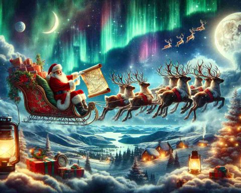 Generate a high-definition, realistic image depicting Santa's magical journey. The image should focus on the origin of the beloved tradition. It should feature a jolly Santa, dressed in his characteristic red suit, in his magical sleigh led by reindeer, flying over various landscapes. Use elements of fantasy and magic, like the Northern Lights, fluffy clouds, and twinkling stars, to emphasize the magic of the journey. Incorporate symbols of the tradition such as gifts, holiday decorations, and possibly a list of names for delivery. Remember, it's a journey so Santa may also be consulting an intricate map under a lantern light.