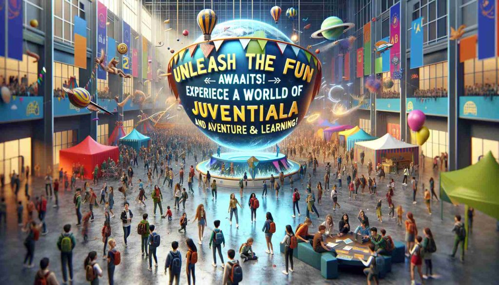 Realistic, high-definition photo of the 'Unleash the Fun: Juvenalia 2024 Awaits!' event poster. The image should convey the sense of overwhelming adventure and immersive learning experiences that attendees can expect. This includes engaging activities, rich educational experiences, diverse group of people engaging in fun and educational tasks, colorful banners, and an atmosphere bubbling with excitement and anticipation. Please ensure that the text 'Unleash the Fun: Juvenalia 2024 Awaits! Experience a World of Adventure and Learning!' is prominently displayed in an attractive, eye-catching design.