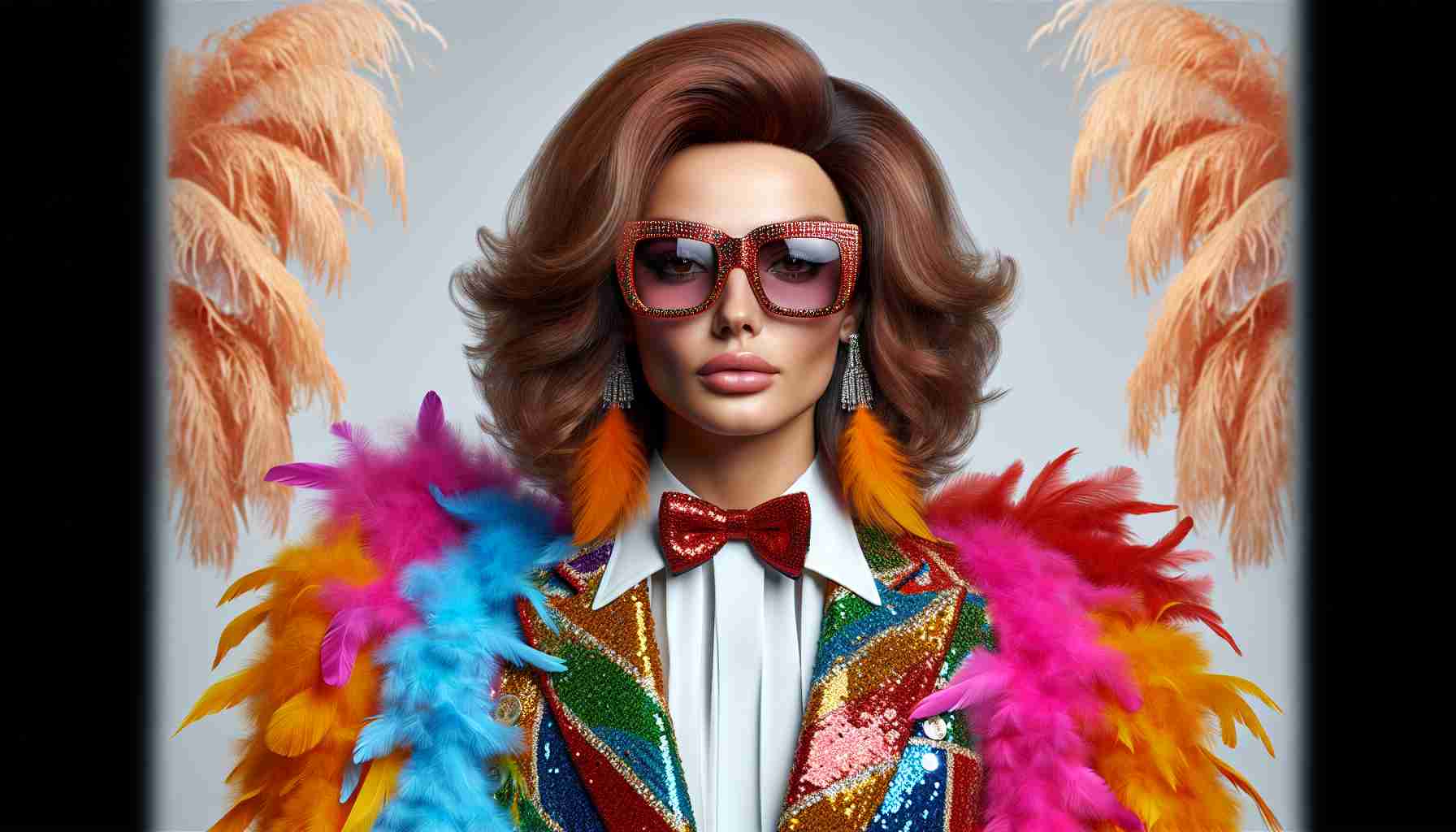 A high-definition, realistic image of a woman with features similar to that of a notable model, embodying the flamboyant fashion style of a well-known male musician known for vibrant costumes. She is dressed in a festive, extraordinary outfit with sequined sunglasses, brightly colored feather boas and a bedazzled suit, which creates a surprising and fun transformation.