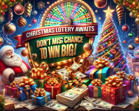 Create a high-definition, realistic image illustrating the excitement and anticipation of winning a massive prize in a Christmas lottery. Visual elements can include festively decorated lottery tickets, a bright, multi-colored wheel of fortune, and potential prizes laden with shimmering ribbons and bows, with a backdrop hinting at the holiday season such as a lavishly decorated Christmas tree or a Santa Claus figure. Include a bold, eye-catching banner that reads: 'Christmas Lottery Thrills Await! Don’t Miss Your Chance to Win Big!'