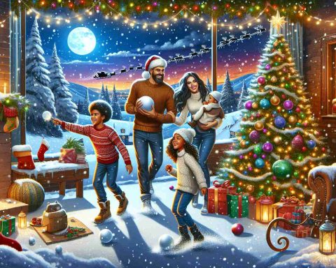 Create a high-definition image illustrating an unforgettable family adventure during the Christmas period. Show a Hispanic mother, Caucasian father and their two kids - a black son and a Middle-Eastern daughter, partaking in a snowball fight near a beautifully decorated Christmas tree. Enrich the scene with festive elements like colorful Christmas lights, present-filled stockings, a cozy fireplace, snowflakes gently falling from the sky, and the distant silhouette of Santa's sleigh being pulled by reindeer in the moonlit sky.