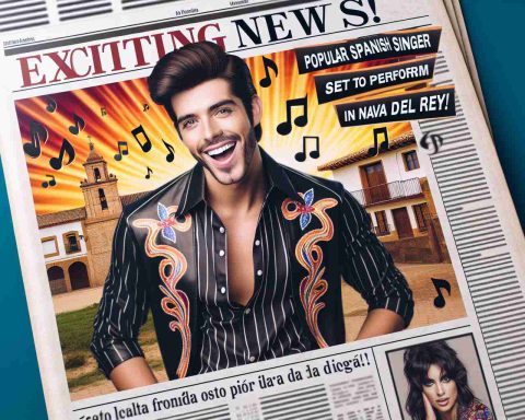 A high-definition realistic image of a broadsheet newspaper with the entertaining headline 'Exciting News! Popular Spanish singer set to perform in Nava del Rey!' The newspaper layout integrates flamboyant design details, indicating a music section, with large bold fonts capturing attention. The main photo in the layout features a charismatic male singer with dark brown hair, enthusiastic smile, and casual yet chic attire, ready to charm the crowd. The background of the photo hints at the scenic Spanish town, Nava del Rey, where the concert is set to take place.