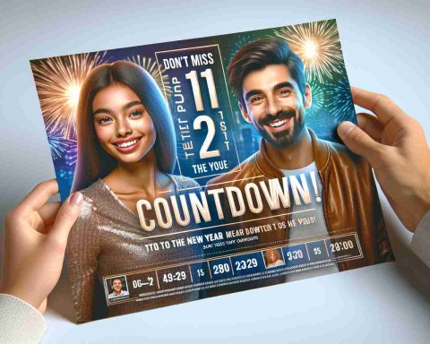 Realistic high-definition photo of a flyer presenting the upcoming countdown to the New Year. On the flyer is text 'Don't Miss the Countdown!' There are placeholders for two energetic and charismatic individuals who are the hosts. They are shown in a celebratory mood, one of them is of Hispanic descent and the other one is of Middle-Eastern descent, one is female and the other is male.