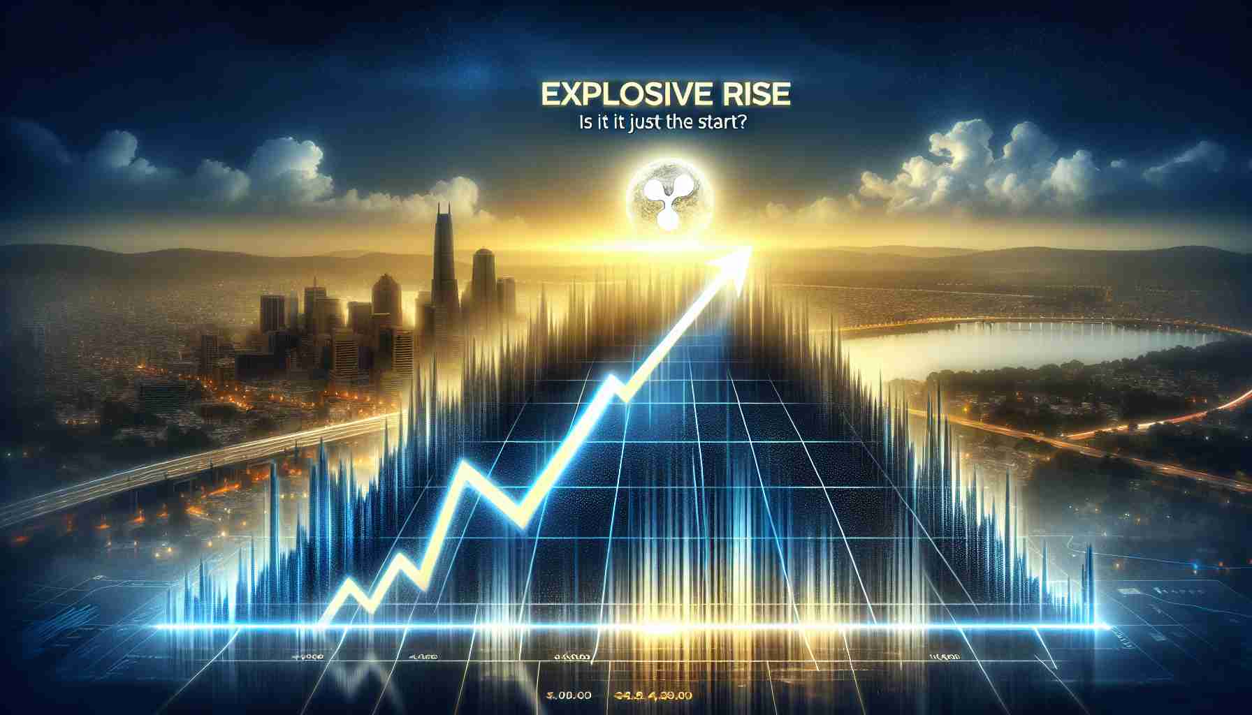 A realistic, high-definition visual representation of the cryptocurrency XRP's significant surge in value. Visible on the image is a graph with an ascending line, symbolizing the rising trend. The background hinting at a bright future with a dawn breaking over a distant city skyline. The title of the image 'Explosive Rise: Is It Just the Start?' is prominently displayed.