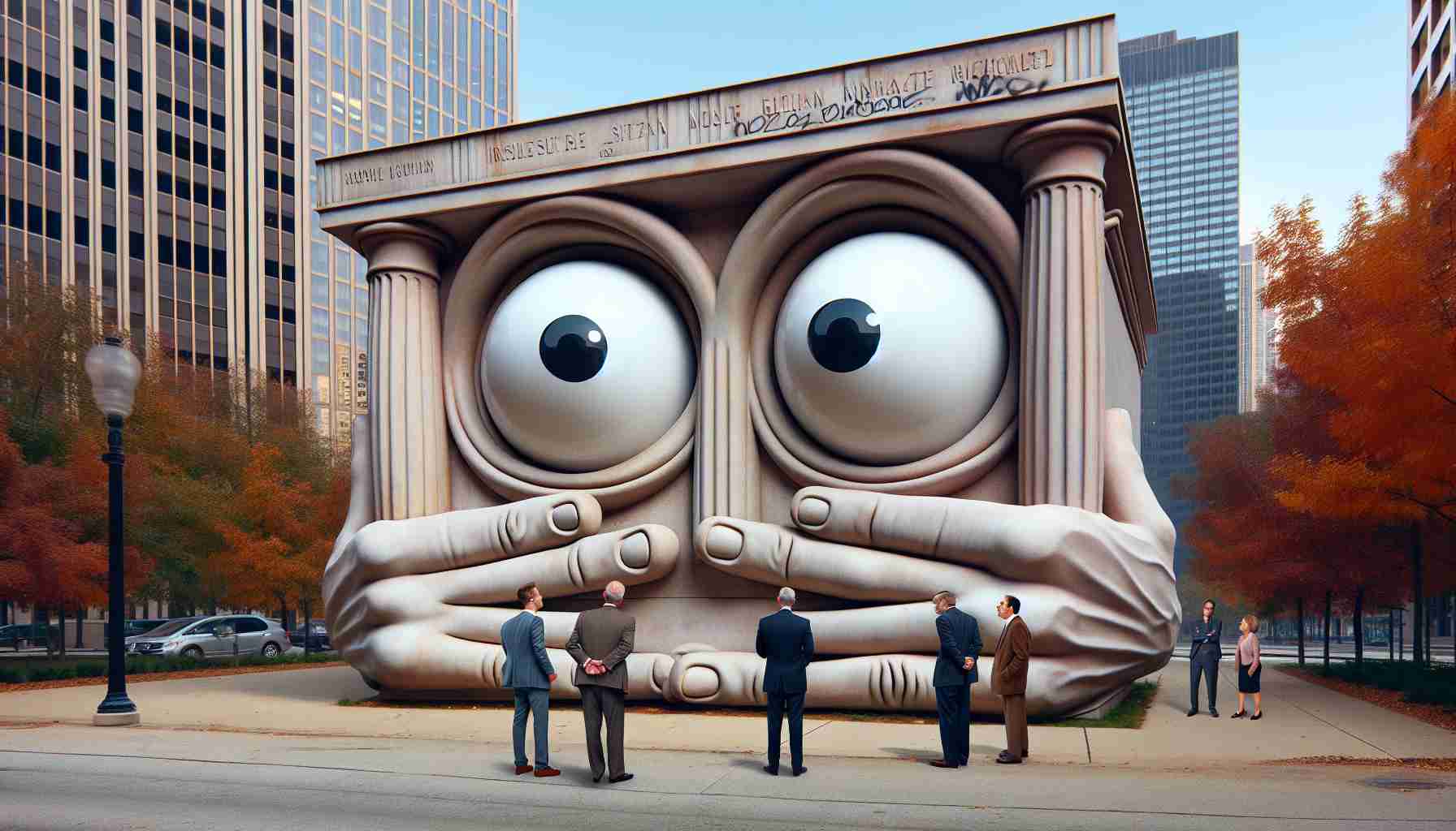 High-definition image of a piece of public art that has been humorously adorned with oversized, exaggerated 'googly eyes'. The setting is an urban landscape, with city officials looking perplexed and displeased at this irreverent form of graffiti. The public art is not damaged, but its solemn or impressive appearance is humorously undermined by the application of the whimsical eyes.