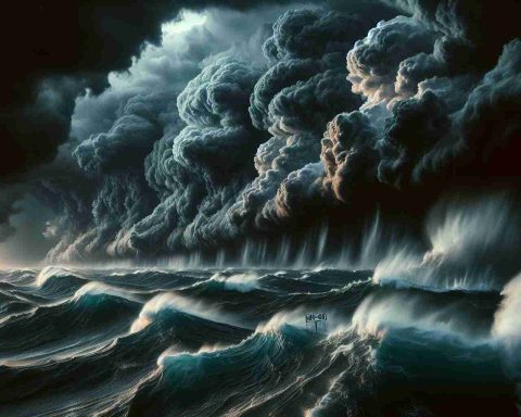 An HD photo showcasing a brewing storm at sea. The image captures the rapidly roiling dark gray clouds rolling in above the open water. Waves, growing wilder and choppier, are crashing against each other, stirred up by increasingly forceful winds. The colors of the scene are muted, shadows of the storm accentuating the feeling of dread. Somewhere in the distance, there is a warning sign saying 'High Winds and Rough Seas Ahead!'