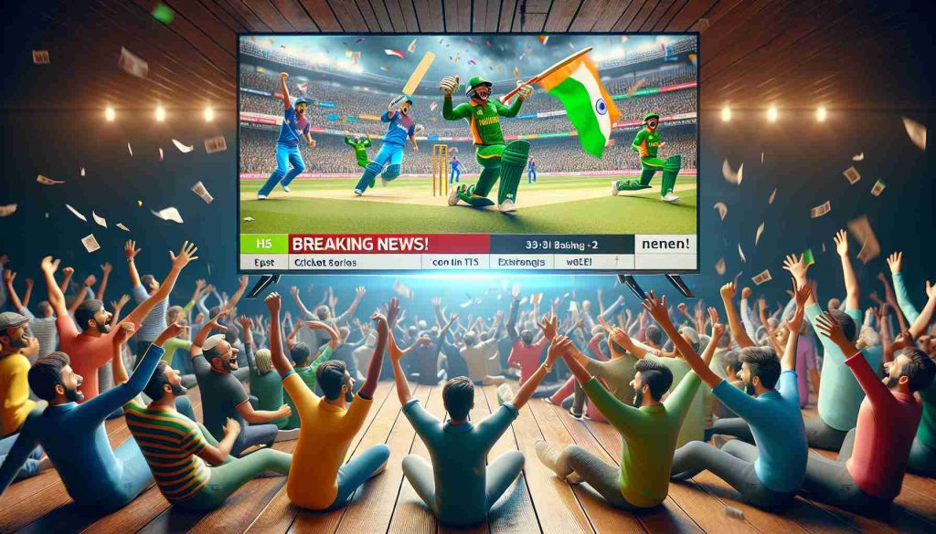 A high-definition, realistic picture depicting the scene of excitement caused by dramatic changes in a T20I cricket series. The picture showcases cricket fans from different descents cheering enthusiastically. The atmosphere is tense and exhilarating with spectators waving flags of their teams. In the foreground, a television screen shows 'Breaking News!' emphasizing the high stakes and thrilling twists in the series.