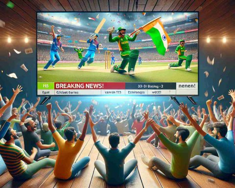 A high-definition, realistic picture depicting the scene of excitement caused by dramatic changes in a T20I cricket series. The picture showcases cricket fans from different descents cheering enthusiastically. The atmosphere is tense and exhilarating with spectators waving flags of their teams. In the foreground, a television screen shows 'Breaking News!' emphasizing the high stakes and thrilling twists in the series.