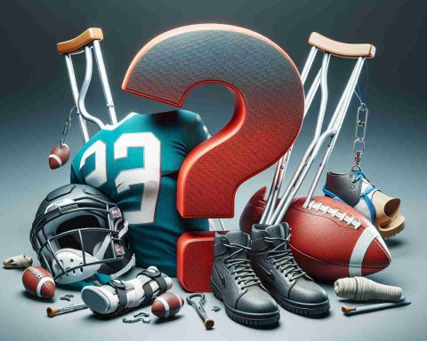 A realistic, high definition image representing the theme of a football team struggling with numerous injuries. The image could depict a broken football helmet, a pair of boots beside crutches, or a torn football jersey, symbolizing the challenges the team is facing. Additional elements could include a question mark, symbolizing uncertainty about who will step up and carry the team forward.