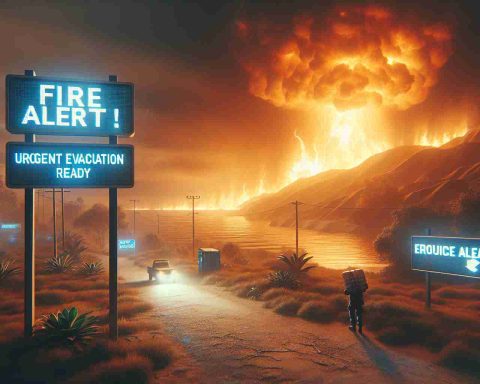 Generate a high-definition, realistic image that conveys a sense of urgency and emergency. Display signs indicating 'Fire Alert!' and 'Urgent Evacuation Ready', suggesting a major disaster or calamity is imminent. The setting is The Gurdies, a region characterized by natural flora and fauna, possibly with the glow of an approaching fire engulfing the horizon.