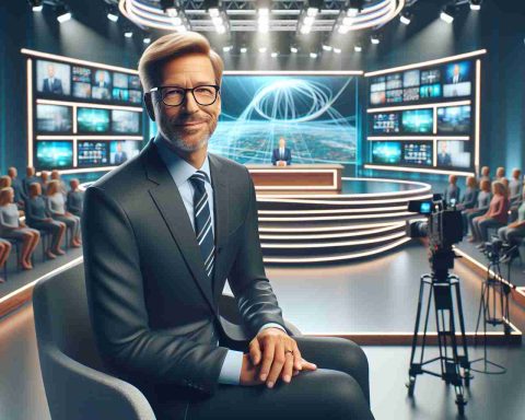 A contemporary talk show host seated in a modern, state-of-the-art TV studio. He has the appearance of a mature man with short blond hair, glasses, and a friendly demeanor. The studio is realistic and HD quality, meeting revolutionary standards of technological progress. There are multiple colorful LED lights in the background, large screens displaying various visuals, high-tech equipment like professional cameras and boom mics. The studio audience is excited and engaged in the experience of this new-age talk show.