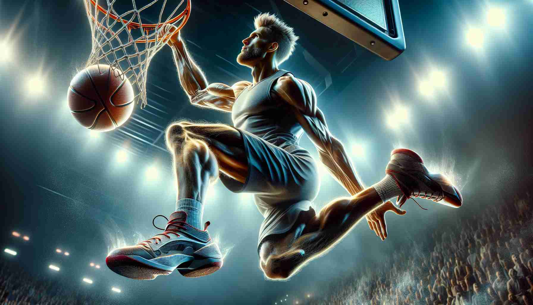 A realistic high-definition image of a tall, athletically built man: Fearless Star of the National Basketball Association (NBA)! He is an unseen figure, about to reveal the secret behind his spectacular plays. He is in the midst of an impressive, gravity-defying leap, about to dunk a basketball into the hoop. The scene is charged with thrilling energy.