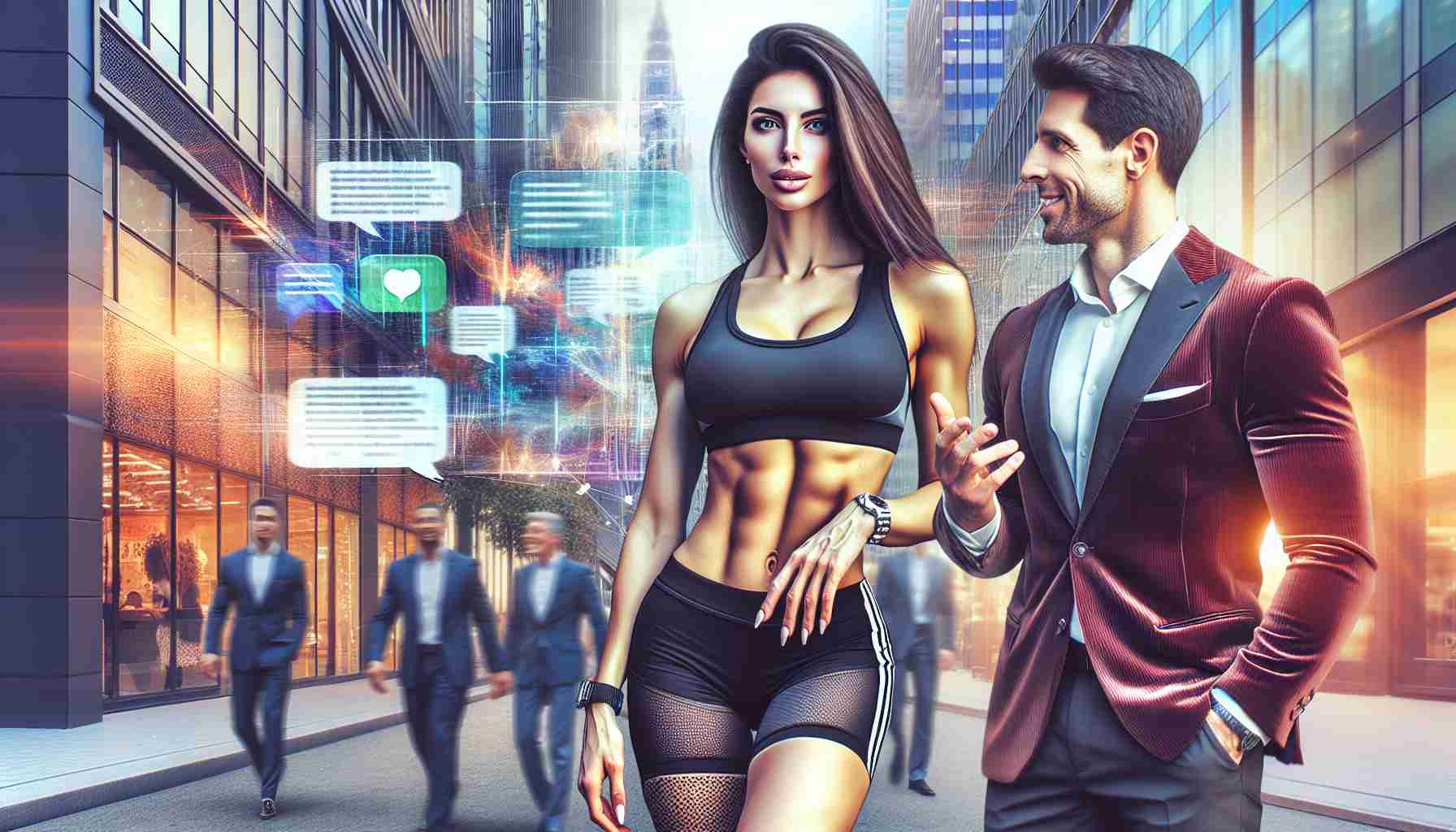 Generate an image of an attractive brunette woman, with a fit physique hinting at a sports background, in a vibrant city setting. The woman is engaged in a friendly conversation with a well-dressed man exuding charisma. Their body language seems to suggest an intriguing bond between them. Alongside, show a text bubble revealing a surprising message, adding an element of intrigue to their relationship. No specific identities should be assumed for the individuals in this scenario.