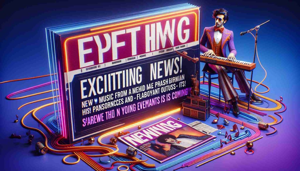 A digital representation of a realistic HD news headline saying 'Exciting News for Fans! New music from a famous male British musician, renowned for his piano performances and flamboyant outfits, is Coming!' Spread the elements around creatively in an absorbing manner. Use vibrant colors and attention-grabbing font styles.