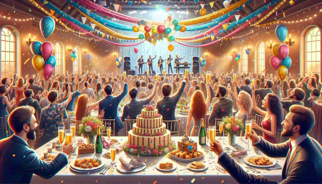 Generate a realistic HD image depicting a grand farewell party. The scene should include people with various descents and genders celebrating joyously, expressing their heartfelt wishes and sharing good memories. The event is filled with colorful decorations, balloons, confetti and banners that carry a vibe of warmth and celebration. There's a big cake at the center of the table and people are raising their champagne filled glasses to make a toast. Across the room, a band can be seen playing joyous tunes to celebrate the special occasion.