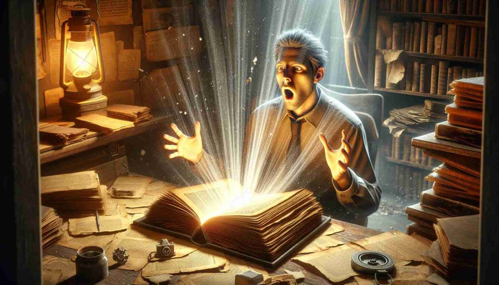 Realistic high definition illustration of a scene symbolizing a shocking discovery. This could be represented by a forgotten, dusty cover of an old book being opened with powerful light emerging from it, illuminating a surprised researcher's face. Perhaps the room is filled with aging documents and artifacts, hinting the significant finding could potentially be life-altering or paradigm-shifting.