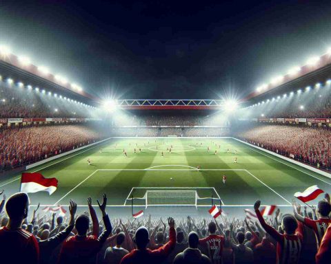 Create a realistic, high-definition visual scene of a football stadium at night, filled to the brim with passionate fans all exuding a sense of celebration and promise. Make sure to focus on the team colours of red and white, symbolizing Nottingham Forest. The floodlights are on, casting a brilliance on the pitch. The crowd is ebullient, waving flags, scarves and banners. Excitement is in the air, a palpable sense of anticipation and joy, reflecting a night of promise and celebration in the world of football.