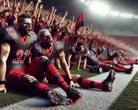 A high-definition, realistic photo depicting a scene of a football team's struggles. The team, donned in red and black, exhibit exhaustion and frustration on the field, echoed by the mounting frustration of the enthusiastic fans in the stadium stands, responding with visible agitation and disappointment. The gathering atmospheric tension is palpable, highlighting the team's ongoing struggles.