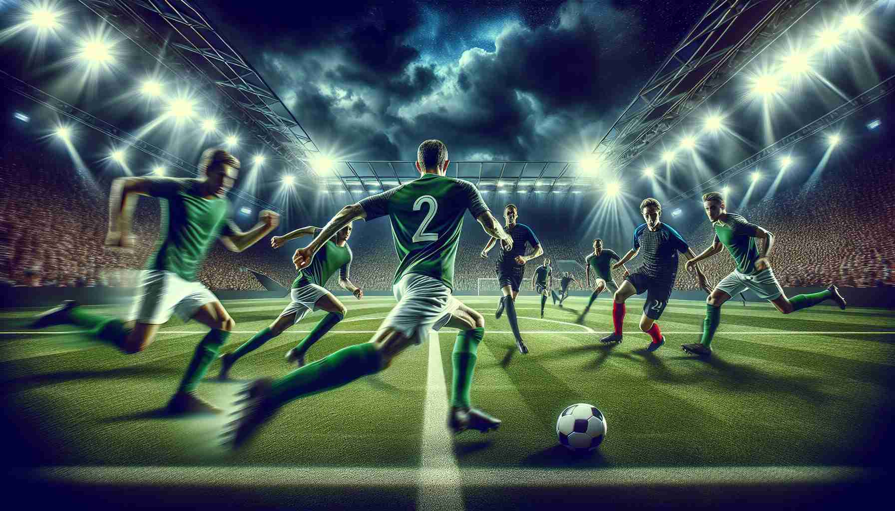 Generate a high-definition image that depicts a thrilling scene of a football match in action. The image should be filled with intensity and anticipation, capturing the dynamism of the players, the vibrant green of the field, and the crowd's roaring enthusiasm in the stadium. Insert a catchy phrase somewhere in the image saying, 'Get Ready for Exciting Football Action! Don’t Miss Out!'