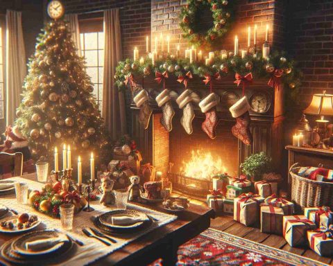 Generate an image that realistically captures the essence of a vintage, heartwarming Christmas advertisement. This ad, significant for its transformative impact, brims with the spirit of the holiday season. The image should hint at an engaging narrative, leaving viewers curious about the story behind its creation. The ad prominently features traditional Christmas elements like a beautifully decorated tree, stockings hung by the fireplace, a table set for a festive meal, and wrapped gifts, all in High Definition.