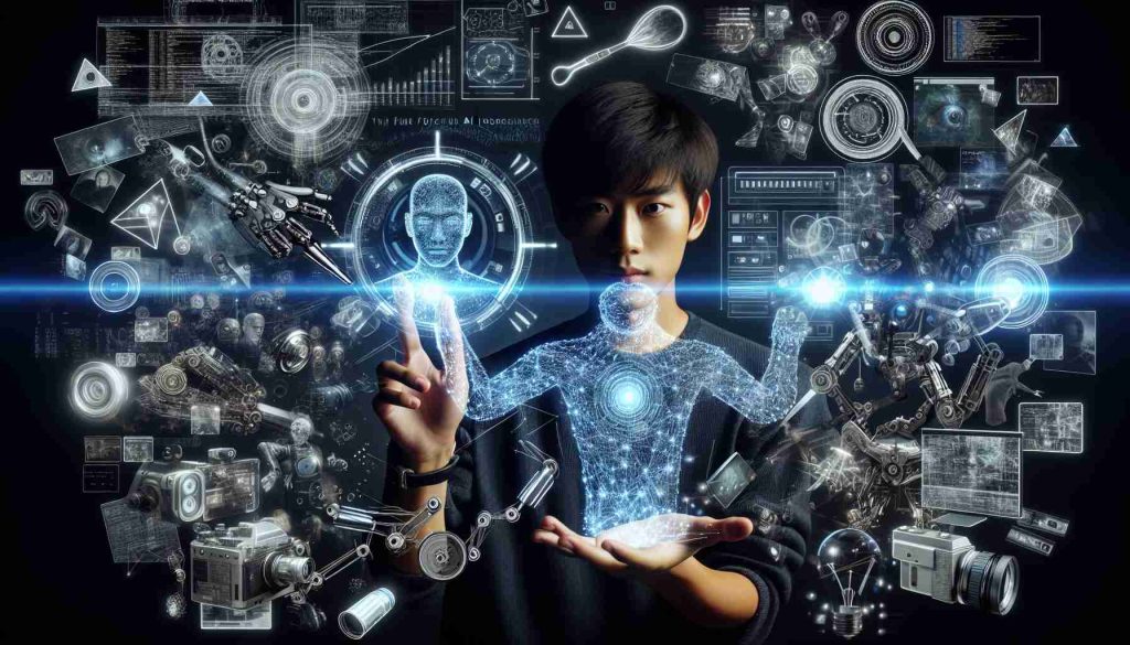 Generate a high-definition conceptual image of a young, creative Asian male filmmaker showcasing the future of cinema through cutting-edge artificial intelligence narratives. He holds a futuristic holographic AI device in one hand while the other hand gestures towards a screen displaying complex codes and images. Around him, abstract concepts of storytelling, lightbeam projections of classic cinematic icons, and sleek modern equipment fill the space, symbolising the evolution of traditional film to AI-driven narratives.