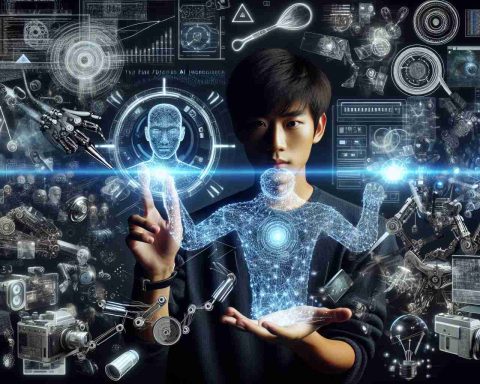 Generate a high-definition conceptual image of a young, creative Asian male filmmaker showcasing the future of cinema through cutting-edge artificial intelligence narratives. He holds a futuristic holographic AI device in one hand while the other hand gestures towards a screen displaying complex codes and images. Around him, abstract concepts of storytelling, lightbeam projections of classic cinematic icons, and sleek modern equipment fill the space, symbolising the evolution of traditional film to AI-driven narratives.