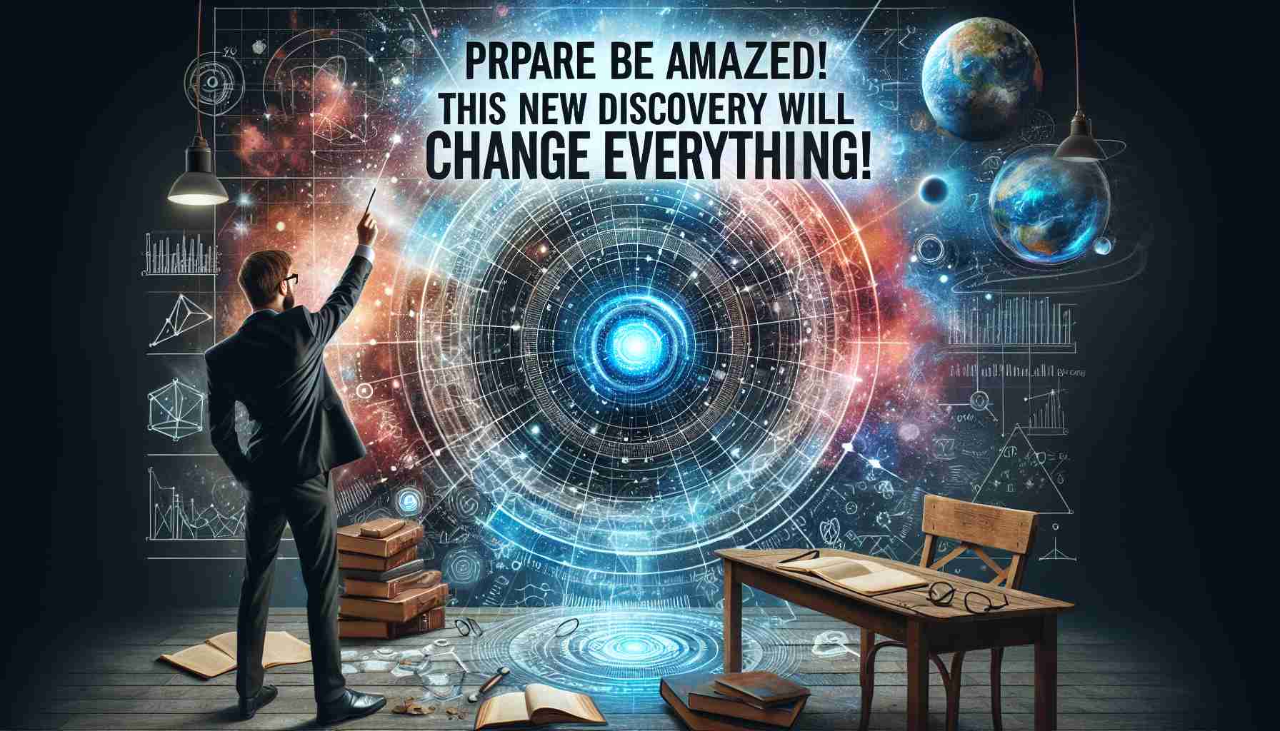 Create an engaging high-definition image depicting the concept of an astounding new discovery that will revolutionize our understanding and transform all aspects of life, along with the bold text 'Prepare to Be Amazed! This New Discovery Will Change Everything!'