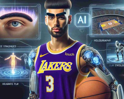 High-definition, realistic image of the future aspect of basketball represented by a famous basketball player with unibrow, wearing a purple and gold jersey, and Artificial Intelligence (AI) innovations indicated by futuristic stadium technologies, holographic play strategies, and robots helping around.