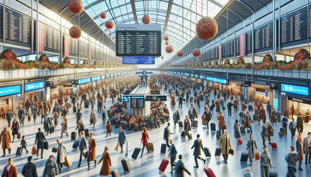 High-definition realistic depiction of a bustling train station during the holiday season. Visualize many individuals of diverse descents, genders and ages hurriedly moving about with luggage, some looking at information boards for their train schedules. The holiday decorations are adding a cheerful vibe to the chaotic scene. Please include more cues like delayed train arrival announcements, frustrated passengers, and overcrowded platforms to amplify the feeling of 'Major Train Chaos'.