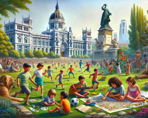 A detailed and realistic high-definition image of an ultimate adventure for children unfolding in the city of Madrid. The scene encapsulates both fun and education. Paint a picture of kids of different descents such as Caucasian, Hispanic, Black, Middle-Eastern, and South-Asian having a blast at a local park, while also learning about the rich Spanish culture. Capture intriguing landmarks in the backdrop, vibrant colors of the buildings, and children engaged in various playful activities like soccer, reading, painting, or exploring the local flora and fauna.