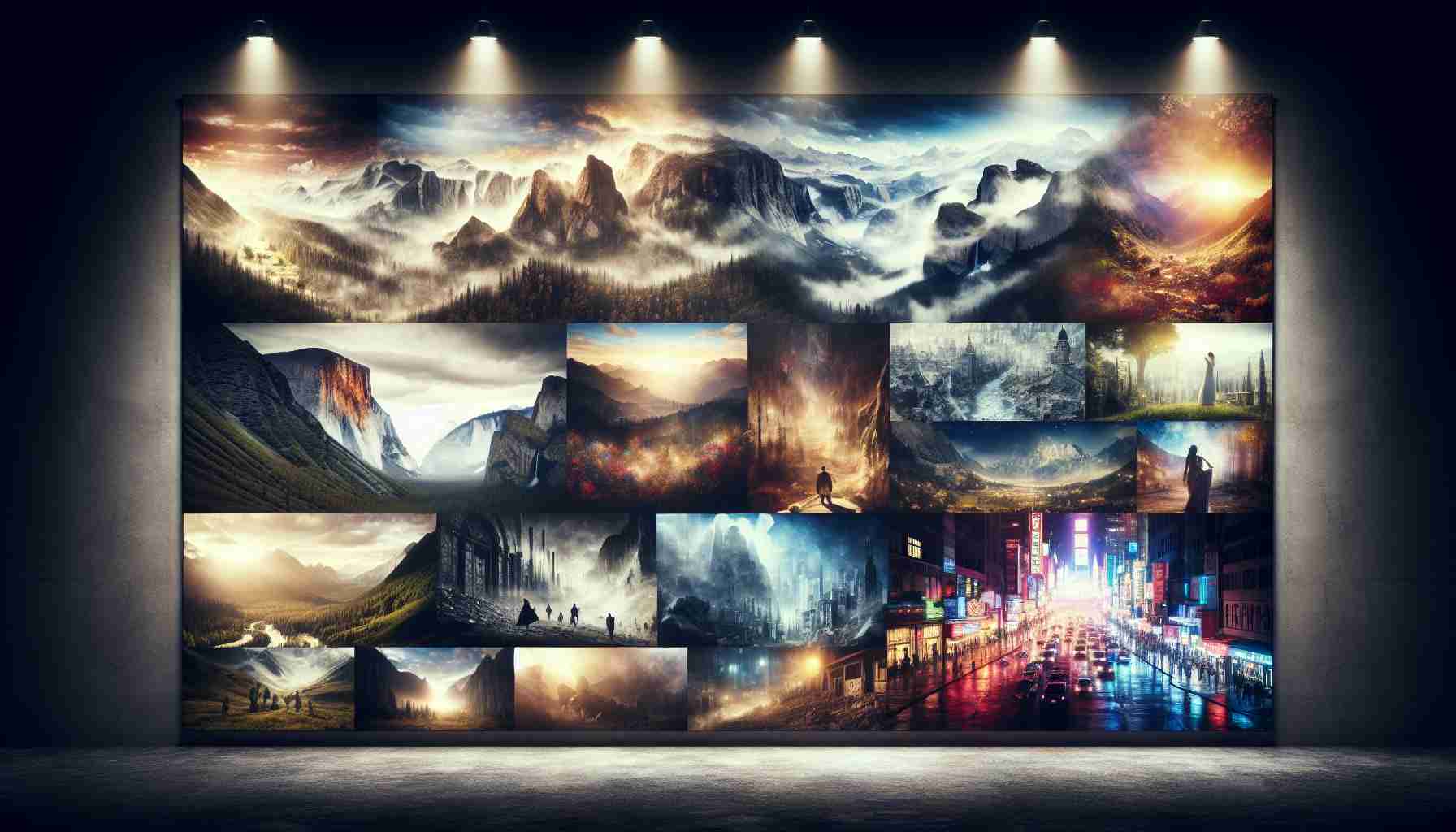 An elegantly captured, high-definition photo that unveils the secrets of cinematic locations. It displays a stunning array of varied settings that are hidden gems in the world of filmmaking. From a remote, misty mountain range that emits an aura of mystery, to a bustling urban street filled with vibrant energy and raw passion, you find multiple locations that have played integral roles as backdrops in various films. This sensory image beautifully frames the juxtaposition of quiet, solitary areas and lively, crowded scenes, signifying the diverse locations used in the film industry.