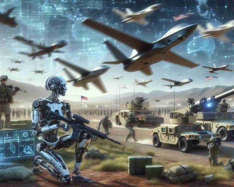 Realistic high-definition illustration of artificial intelligence being implemented on a battlefield, demonstrating its potential effects on the contemporary conflict scenario. This image should draw inspiration from a hypothetical war environment, without referencing any specific nations or geographical locations. Depict various advanced and futuristic military technologies, such as drones, autonomous armored vehicles, robotic soldiers etc., being deployed in the battleground.