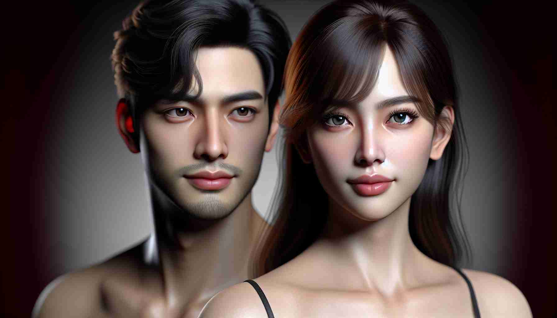 A high-definition, realistic image of two up-and-coming actors who could be the future faces of AI cinema. The male actor has Caucasian descent with strong facial features, typically seen in charming lead roles. The female actor, of Asian descent, bears a unique charisma that beautifully combines elegance and strength. Their expressions reveal ambitious optimism, reflecting the potential in their chosen profession.