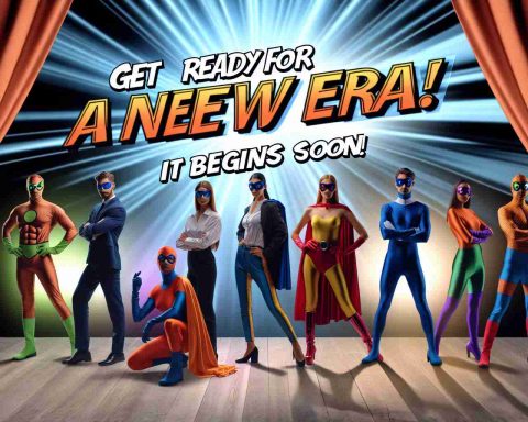 Create an image depicting a scene related to a team of super-powered individuals getting a fresh start or makeover. Represent this through visuals such as new vibrant costumes of different colors, possibly on display or presented in dramatic lighting. Include the text 'Get Ready for a new era! It begins soon!' in bold, eye-catching lettering.