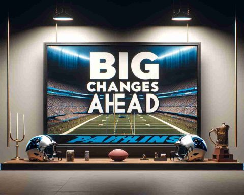 A high-definition, realistic portrayal of a large sign, displayed prominently in a sports stadium, reading 'Big Changes Ahead'. The scene should be framed with memorabilia associated with football, such as a helmet, jerseys or a football itself, and the colors predominantly used should be the team colors of the Carolina Panthers: black, blue, and silver.