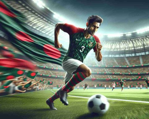 Generate a photorealistic, high-definition image showcasing a momentous scene in Bangladeshi football history. Foreground the image with a determined South Asian male athlete, clad in the national colors of Bangladesh - green and red - charging towards the goal with a blurring football at his feet. Signify the importance of the event with a packed stadium filled with cheering spectators and the national flag waving in numerous hands. The focus should be on the player and his journey to represent his homeland in its most exciting football match, capturing his grit, resolve and the monumental pride of the nation.