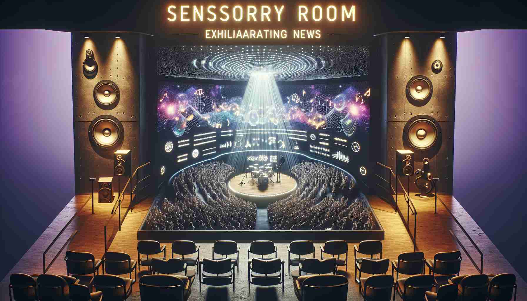 Produce a High-Definition image representing the concept of exhilarating news for music enthusiasts, showcasing a newly constructed sensory room designed for them. The sensory room should be depicted as a haven filled with innovative sound systems, intriguing light play, and comfortable seating. It is a place that promises an immersive and unique concert experience, transporting the viewer into a world of fantastic sound and light. Include a sense of enthusiasm and excitement in the image.