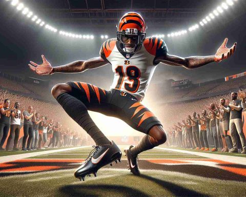 A realistic, high-quality image depicting a football scene. Show a wide receiver, attired in the uniform typically worn by the Cincinnati Bengals, performing a dance. The gears are striped black and orange. He's demonstrating an intense expression as though he's in the middle of an incredible culmination. The setting is an American football field, the stadium filled with onlooking spectators expressing multitude reactions, embodying anticipation. The tagline written in bold, eye-catching letters at the bottom is 'You won't believe what happened!'