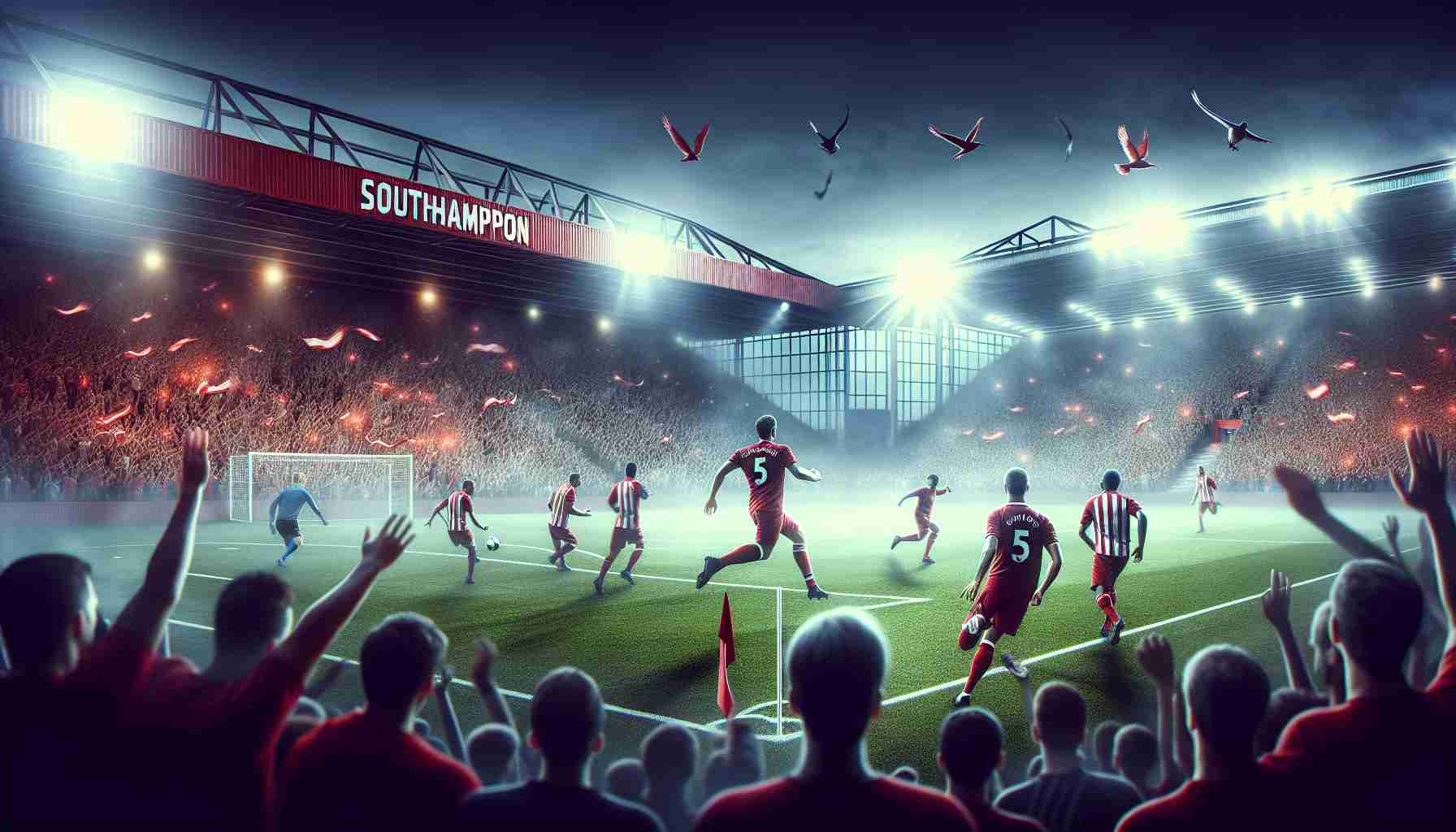 Create a realistic high definition image capturing the energetic ambiance of a football match between the teams in Southampton and Liverpool. There's a sense of thrill and tension in the air as the spectators wonder if Liverpool can withstand the aggressive onslaught of the Southampton team again.