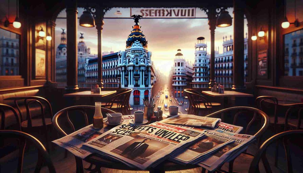 An HD image capturing the essence of a scandalous story entitled 'Secrets Unveiled'. The scene is set in Madrid, with the city's iconic landscape in the background. The focus is on a collection of headline newspapers and tabloids spread across a café's table, with bold headlines highlighting the turmoil in the city's leadership. The ambience is charged with subtle tension, reflecting the public's anticipation and curiosity surrounding the situation. Please create this image in a realistic style.