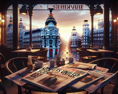 An HD image capturing the essence of a scandalous story entitled 'Secrets Unveiled'. The scene is set in Madrid, with the city's iconic landscape in the background. The focus is on a collection of headline newspapers and tabloids spread across a café's table, with bold headlines highlighting the turmoil in the city's leadership. The ambience is charged with subtle tension, reflecting the public's anticipation and curiosity surrounding the situation. Please create this image in a realistic style.