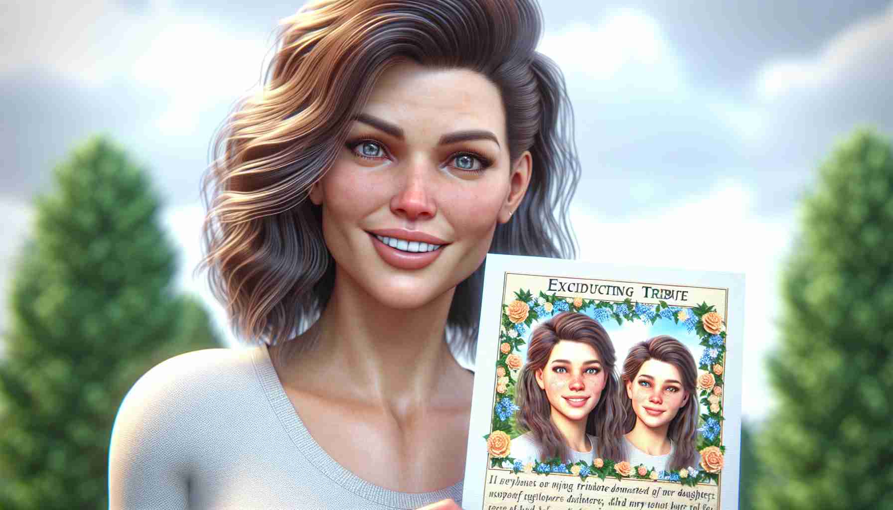 Create a detailed, realistic HD image of a well-known television personality announcing her exciting new venture. She is displaying a touching tribute dedicated to her daughters. The woman has a radiant smile on her face, and her eyes express anticipation, love, and pride. The tribute consists of three flowers; each flower symbolizes one of her daughters. It is a sunny day with clear blue skies, and the woman is standing outside, possibly in a garden.