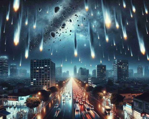 A detailed, high-definition image showing a real-world scene set in the cityscape of Tel Aviv. It's a stressful scenario, featuring the starry night sky suddenly disrupted with hypothetical, unidentified projectiles descending from above. The city lights from buildings and streetlamps reflect in fear on onlookers' faces waiting for arrival of an ominous downpour. The scene should elicit a feeling of tension and unexpected danger.