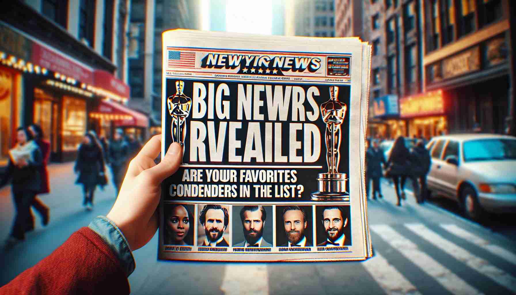 Realistic HD photo of a newspaper headline reading, 'Big News! Oscar Contenders Revealed! Are Your Favorites on the List?' The newspaper is held in someone's hand against a blur background of a busy city street.