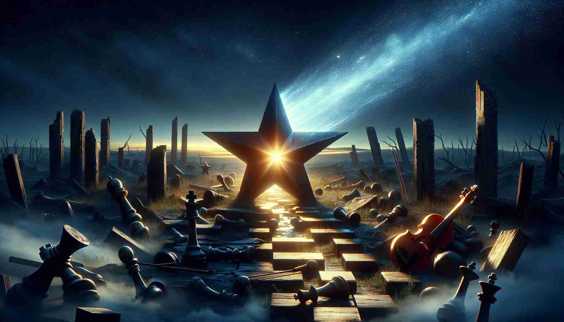 Generate a ultra HD, realistic image of a symbolic representation of a fallen star, symbolizing a player's choices leading to a career downfall. Indicate the concept with a shooting star that's fallen from its bright place in the sky, crashing down into a vast, desolate landscape. Shadowy ruins of what might once have been grand stadiums or arenas symbolize the past glory. Chess pieces toppled over on a chess board like abandoned strategies and a violin with broken strings, both tucked away in a somber corner, stands as a metaphor for missed opportunities and unfulfilled potential.