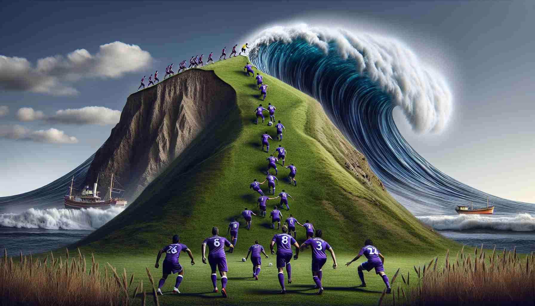 High-definition, realistic photograph of a metaphorical representation of Saprissa, a renowned soccer team, facing a steep uphill battle, indicating a tough contest. Could they possibly alter the situation, symbolically turning the tide? The scene consists of soccer players in purple uniforms straining against the climb of a large hill. At the top, a huge representation of a wave appears ready to crash down, symbolizing the challenges that need to be overcome.