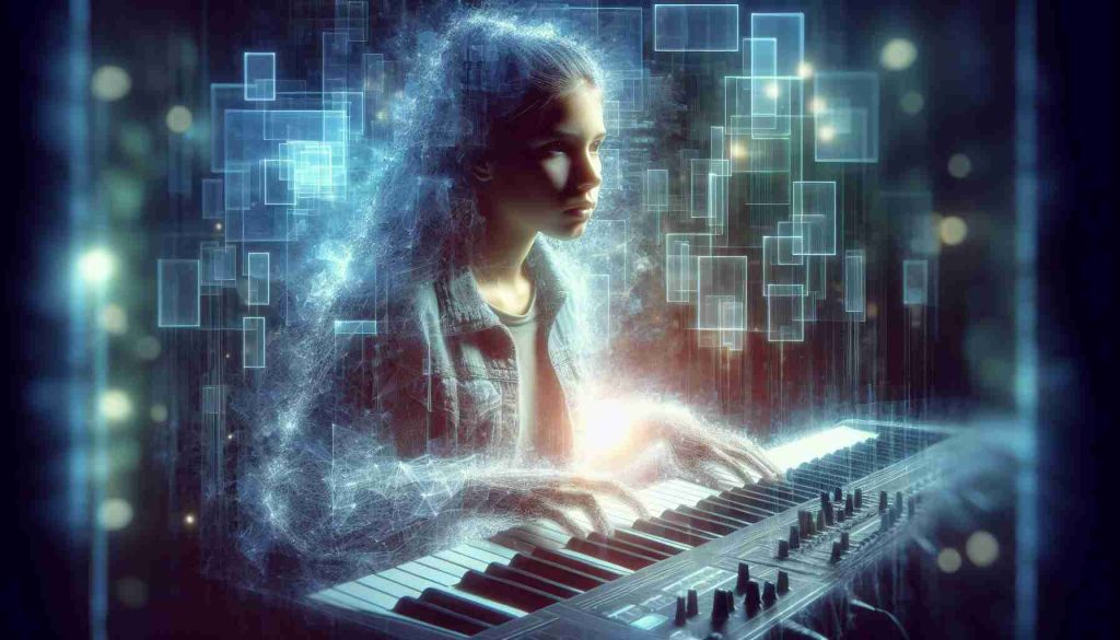 A high-definition, realistic image illustrating the concept of a young, contemporary female musician rising to prominence through the use of technology in her music. She is seen with digital equipment, perhaps an electronic keyboard or DJ's desk, enveloped in a surreal, dream-like digital ambiance. Note: The identity of the female musician is unspecified and should not be based on any real individuals.